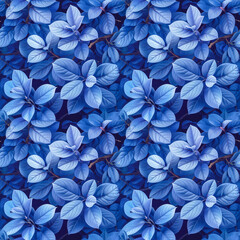 Seamless pattern of blue leaves on a dark background, suitable for fabric or wallpaper design.