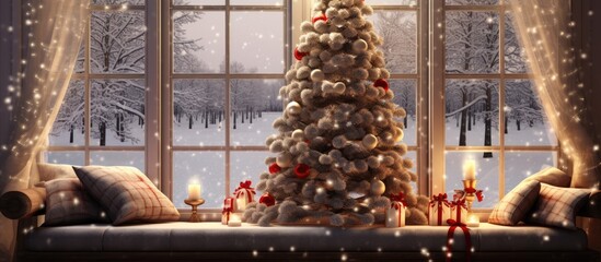 A Christmas tree adorned with ornaments is displayed on a window sill, providing a festive touch to...