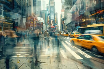 Busy New York City street with yellow taxis and bustling traffic amidst towering buildings and urban hustle - obrazy, fototapety, plakaty
