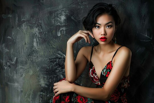 portrait of Asian beautiful woman model posting in the dark room