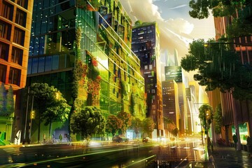 Sustainability concept.  Architecture: A Glass Building in the City