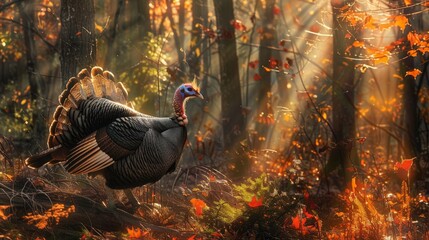 Turkey strutting through the fall forest, with sunlight beaming from behind
 - obrazy, fototapety, plakaty