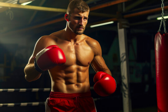 Powerful, shirtless boxer poses in a gritty gym environment, exuding strength and determination. This image conveys fitness and the embodiment of raw power in boxing.