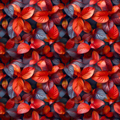 Seamless pattern of leaves and flowers on a dark background, suitable for fabric or wallpaper design.