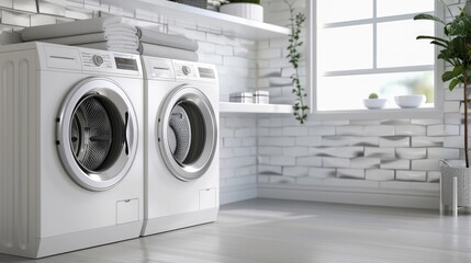 Modern clean laundry room when you can wash the clothes. Generative AI - obrazy, fototapety, plakaty