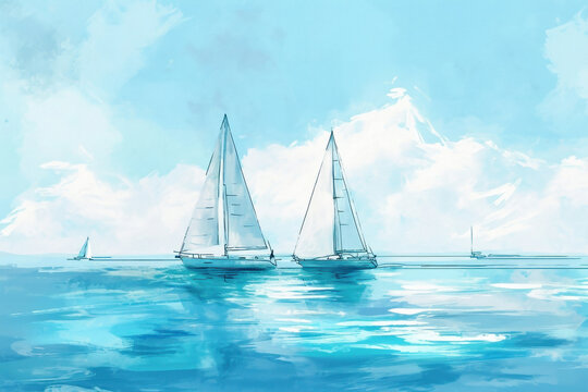 Watercolor painting of sailboats on the ocean with clouds in the background