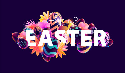 Bright Easter design. White letters with colored eggs and spring flowers. Colorful holiday banner. - 762432288