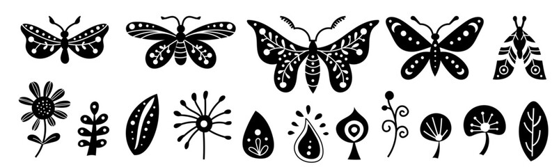 Set neo folk elements with butterfly, moth and flowers, black and white floral design