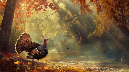 Turkey strutting through the fall forest, with sunlight beaming from behind
