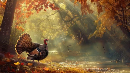 Foto op Canvas Turkey strutting through the fall forest, with sunlight beaming from behind  © robfolio