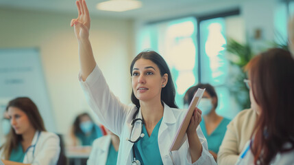 A female doctor participates in an interactive seminar, raising her hand to ask a question while holding her notes, the room's natural light casting a soft glow on her engaged expr