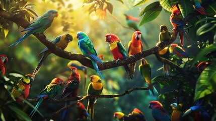 A tropical rainforest canopy filled with brilliantly colored birds, each feathered creature contributing to the kaleidoscope of hues - obrazy, fototapety, plakaty