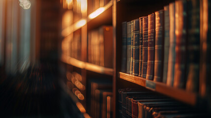 An atmospheric perspective of a library's blurred bookshelf, where the play of light and shadow across the volumes invites curiosity and the pursuit of learning, with copy space - obrazy, fototapety, plakaty