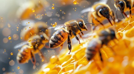Honey bees pollinating and fly by the honeycomb: Close-up of bees on a bright flower with pollen and honey drops - obrazy, fototapety, plakaty