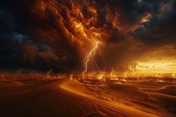 Surreal desert storm, lightning illuminating sand dunes, eerie silencestyle raw - obrazy, fototapety, plakaty