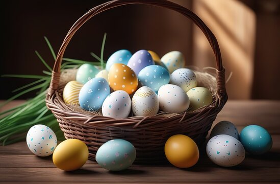 happy Easter. The banner. Colorful eggs in a basket. Horizontally. An atmospheric, beautiful, stylish postcard. Easter holiday. Blue sky, flowers. Horizontally.