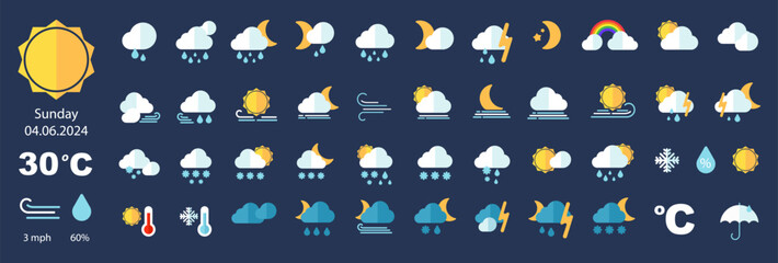 Weather icon set. Forecast weather flat symbols - obrazy, fototapety, plakaty