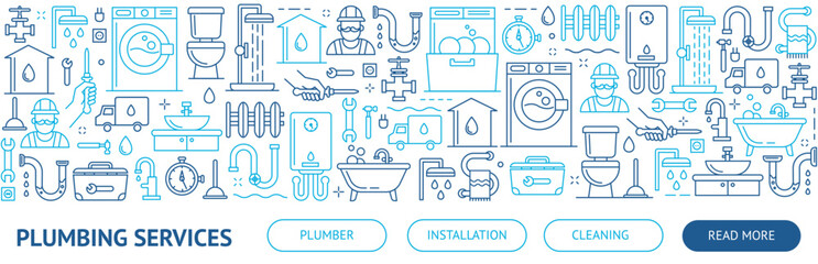 Plumbing Services Banner. Home repair. House maintenance. Flyer, booklet, leaflet print design with linear illustrations