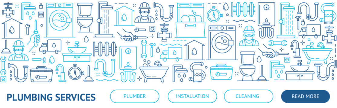 Plumbing Services Banner. Home Repair. House Maintenance. Flyer, Booklet, Leaflet Print Design With Linear Illustrations