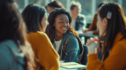 Multi-ethnic students engaged in a group discussion with the lecturer among them, the interaction highlighted by the warm natural light casting soft shadows around the classroom, f