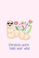 A cute card to a friend, support, with cute insects. with a worm, caterpillar, spider, moth. with a funny inscription