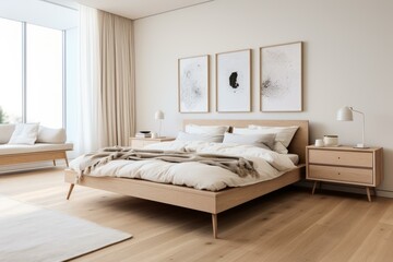Fototapeta na wymiar Sleek Scandinavian bedroom furniture. Home furniture. Generate AI