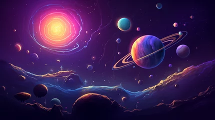 Schilderijen op glas Surreal Cosmic Landscape with Colorful Planets and Galactic Features © Miva