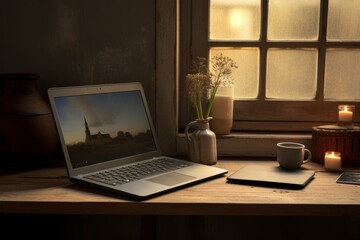 Minimalist Scandinavian corner laptop. Plant frame. Generate Ai