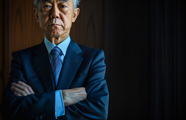 Senior Japanese businessman with a grave expression standing in a dimly lit room - obrazy, fototapety, plakaty