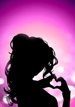Woman making heart-shape with hands. Silhouette art