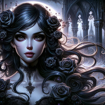 Dama gotica tra rose e misteri. Generative AI