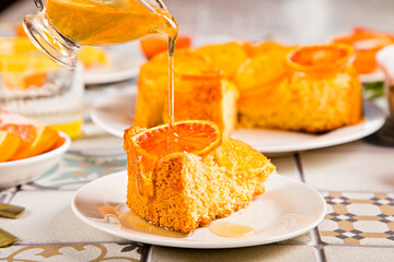 Orange cake with fruit citrus slices. Top view.