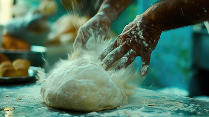 A person is kneading dough on top of a table to prepare homemade bread or pastry