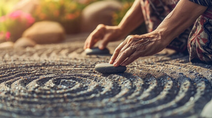 Obraz premium A person is touching a rock in a garden setting, showcasing a connection with nature and the elements