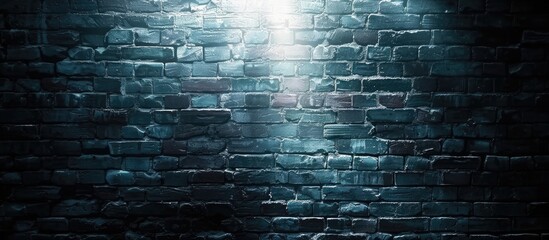A rectangle brick wall with symmetrical brickwork reveals an electric blue light shining through, breaking the darkness with a captivating pattern