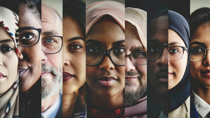 Various individuals with glasses and headscarves in a mixed collage - Powered by Adobe