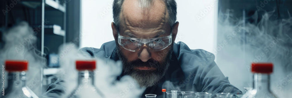 Poster a man with a beard and glasses is working in a laboratory, analyzing samples and conducting experime
