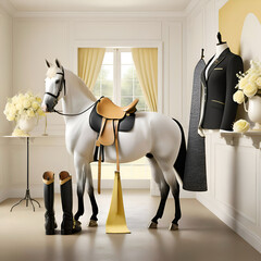  stunning 3D render background with white horse for branding equestrian fashion clothes and products, digital artwork. Ai generated - 762435212