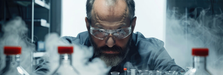 A man with a beard and glasses is working in a laboratory, analyzing samples and conducting experiments with scientific equipment