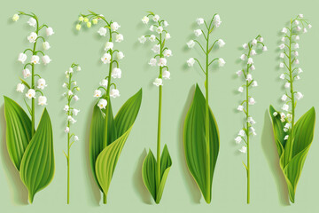 Set of lily of the valley flowers with various stages of growth and bloom