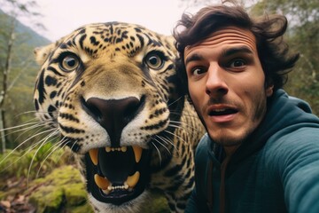 Risky Scared man selfie with jaguar. Male surprise. Fictional person. Generate Ai