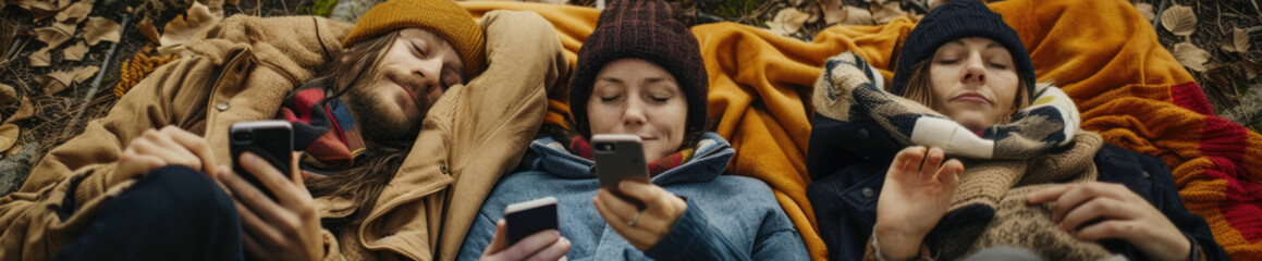 A group of friends in warm clothing lying down together, each engrossed in their own smartphone - Powered by Adobe