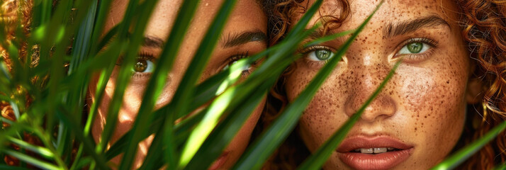 Two beautiful women with freckles on their faces and hands standing together outdoors