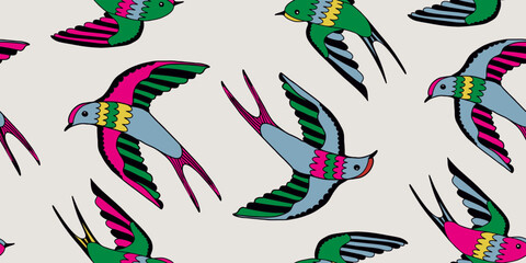 Hand drawn ornament seamless pattern with birds. Abstract trendy print.
- 762435667