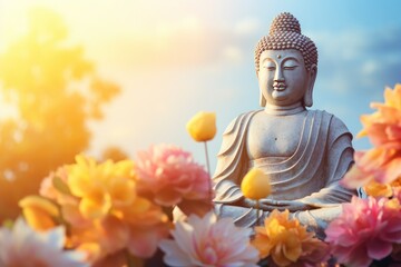 Buddha statue. background blurred flowers and sky with the light of the sun and copy space - generative ai