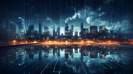 Fototapeta premium Modern city panorama abstract concept of internet