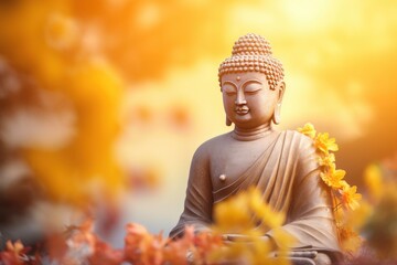 Buddha statue. background blurred flowers and sky with the light of the sun and copy space - generative ai