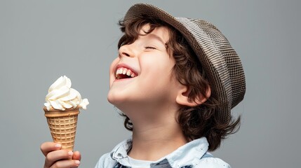 A smiling boy with a hat on the head and a an ice cream in his hand, on a plain grey background, studio shot.