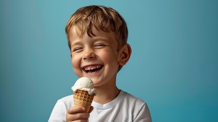 A smiling boy with an ice cream in his hand, on a blue background, studio shot