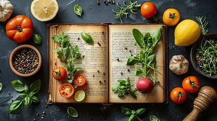 An open book covered with some foods, recipe book concept. - obrazy, fototapety, plakaty